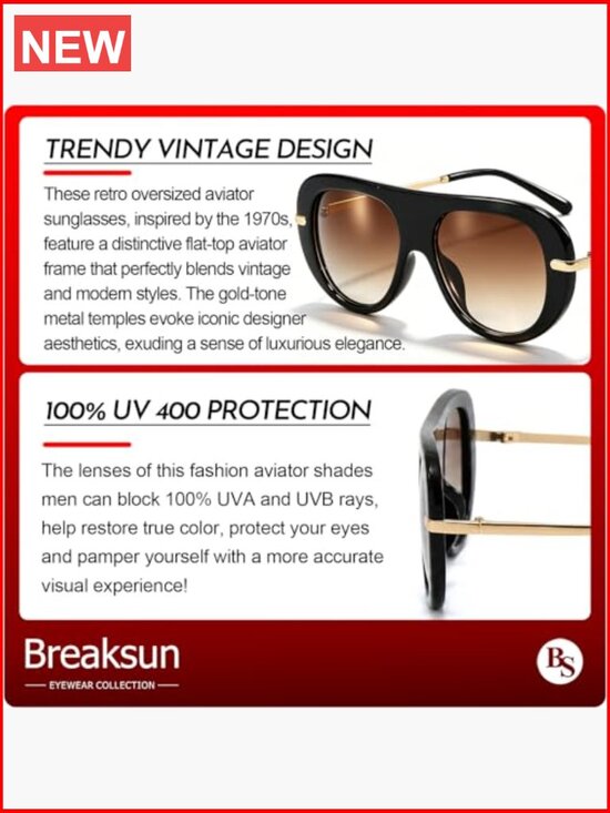 Retro Oversized Aviator Sunglasses UV400 Protection Vintage Shield Shades main image 3